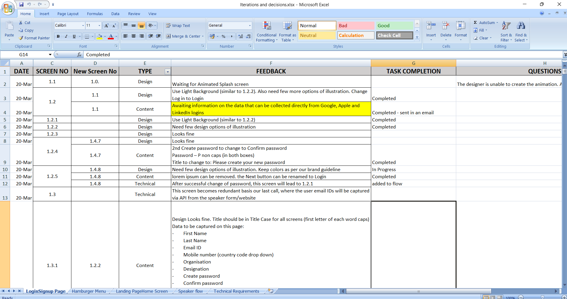 Design iterations log - Excel tracker showing screen numbers, feedback types, and task completion status